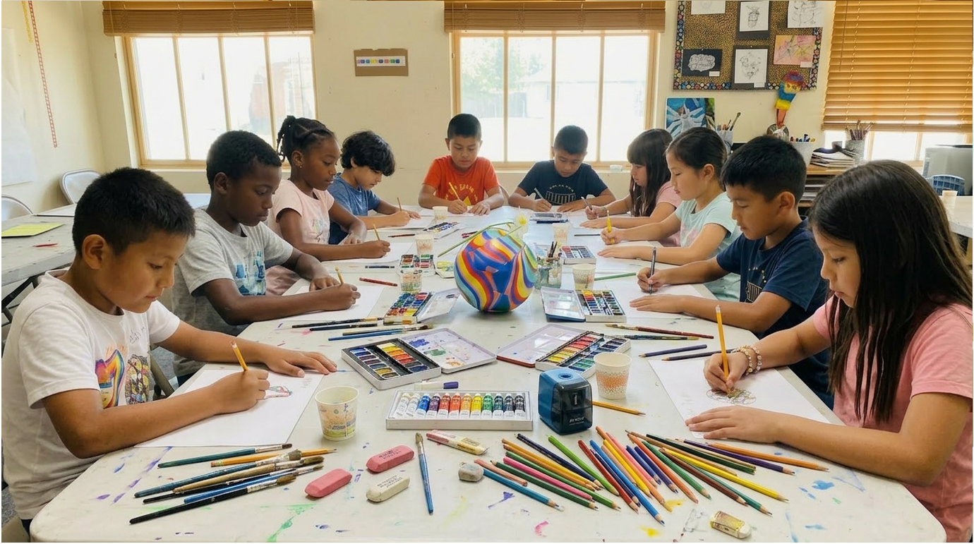 Children drawing soccer balls at a Foundation for New American Art workshop